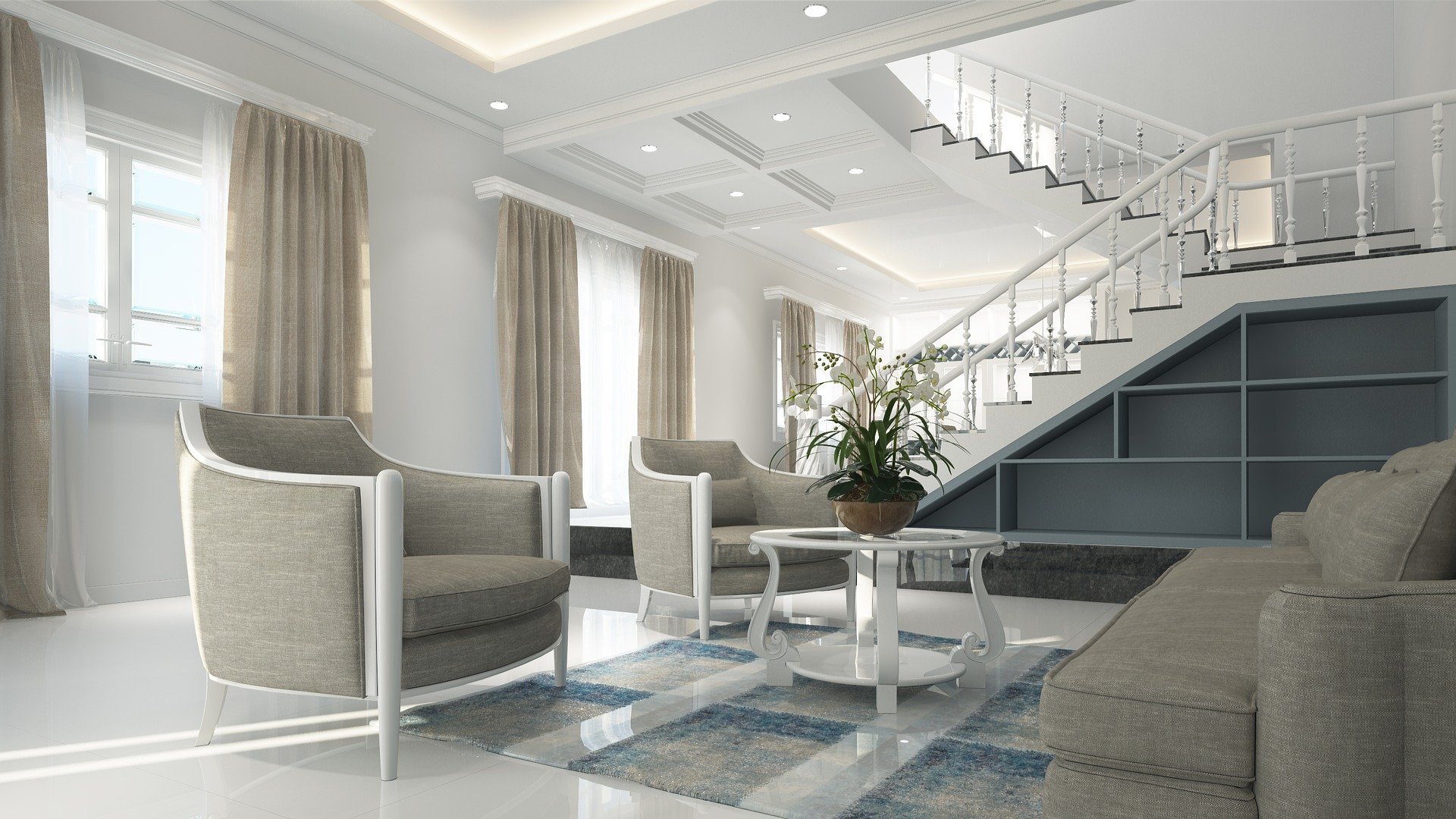 Ladenreinigung Berlin – heller Showroom mit Sesseln, Teppich und Treppe