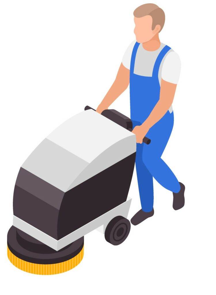 Reinigungsfirma Berlin &ndash; Illustration eines Mannes mit Scheuersaugmaschine in Blau und Grau