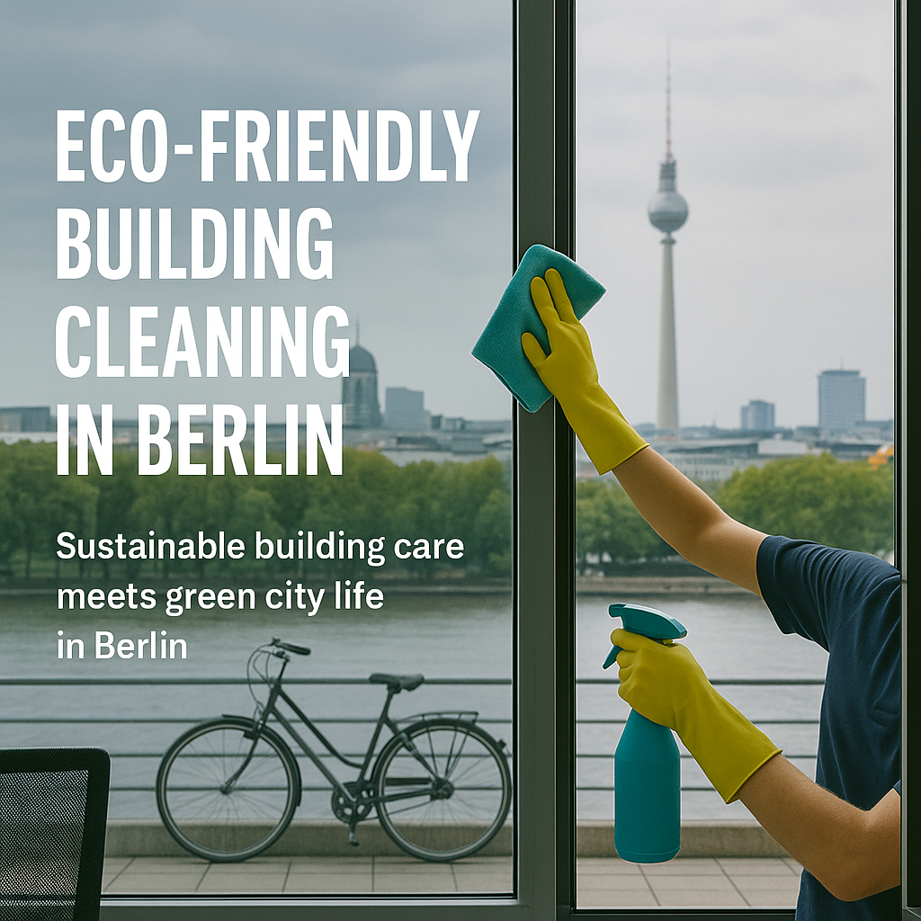 Woman cleaning office window with Berlin skyline and bicycle in background