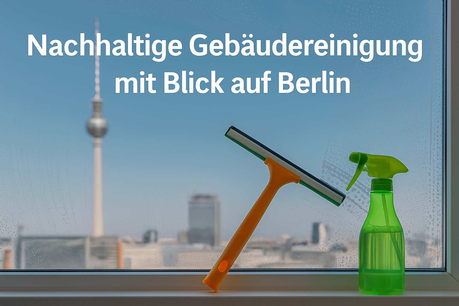 Ein Fensterreiniger mit nachhaltigen Reinigungsmitteln vor der Berliner Skyline