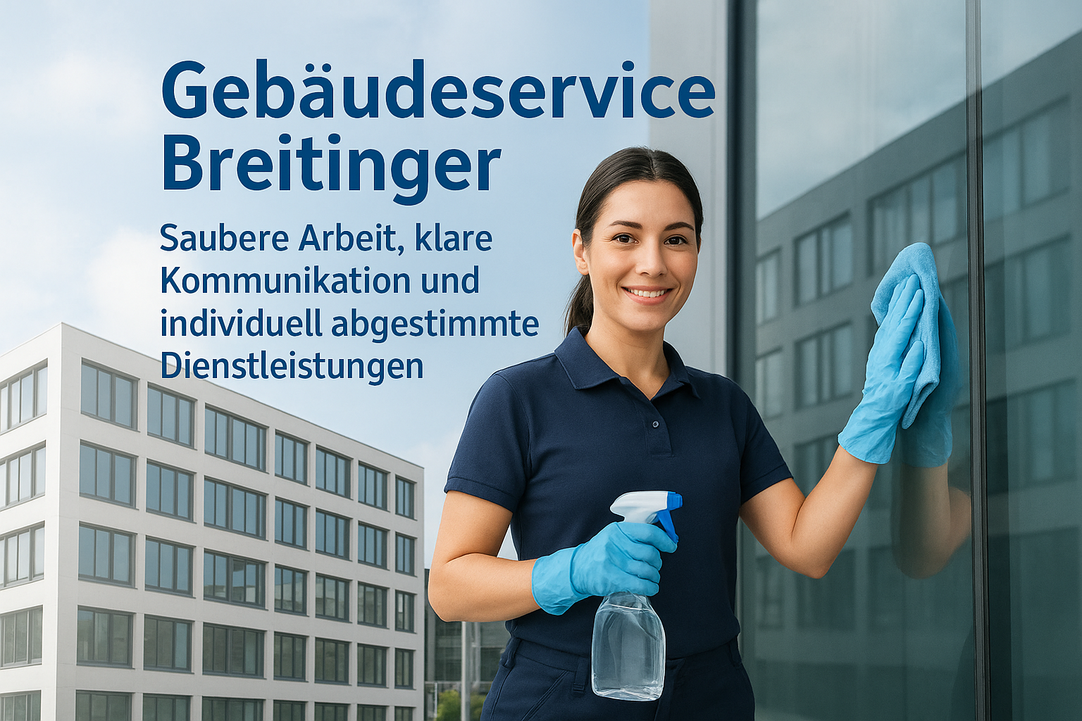 Mitarbeiterin von Gebäudeservice Breitinger reinigt eine Glasfassade mit Handschuhen, Sprühflasche und Tuch, im Hintergrund ein modernes Bürogebäude.