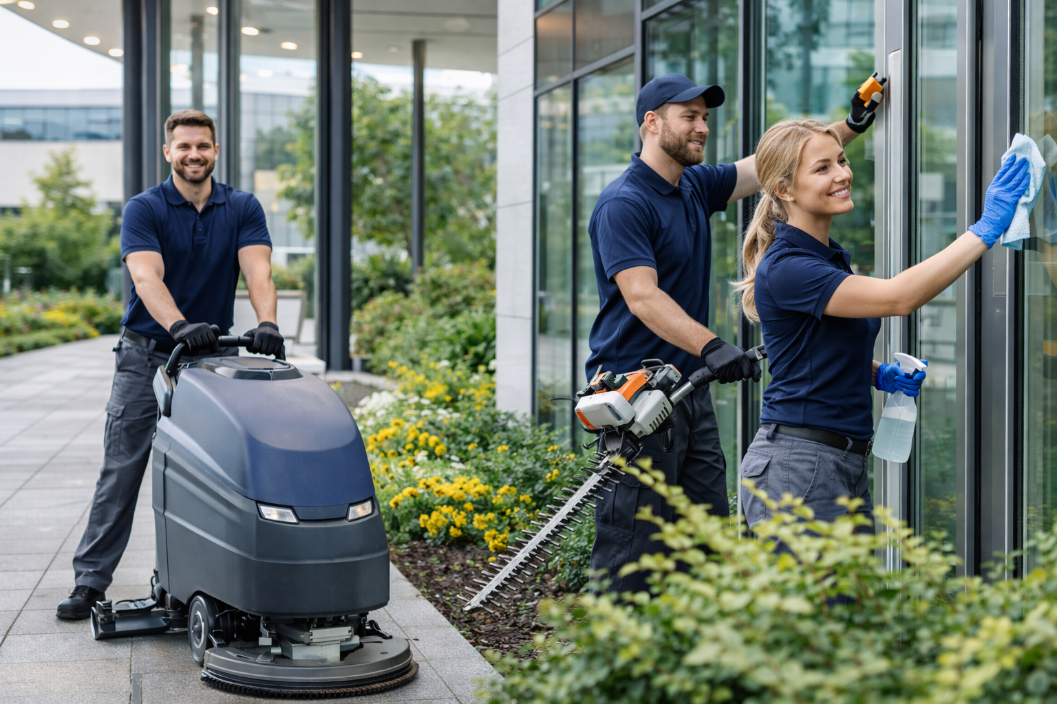 Professionelles Gebäudeservice-Team bei Reinigung und Pflege einer Gewerbeimmobilie