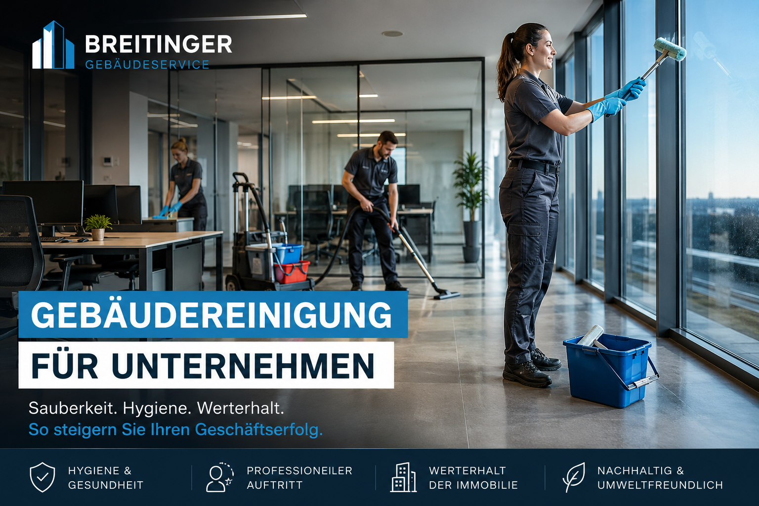 Professionelle Gebäudereinigung in einem modernen Bürogebäude in Berlin