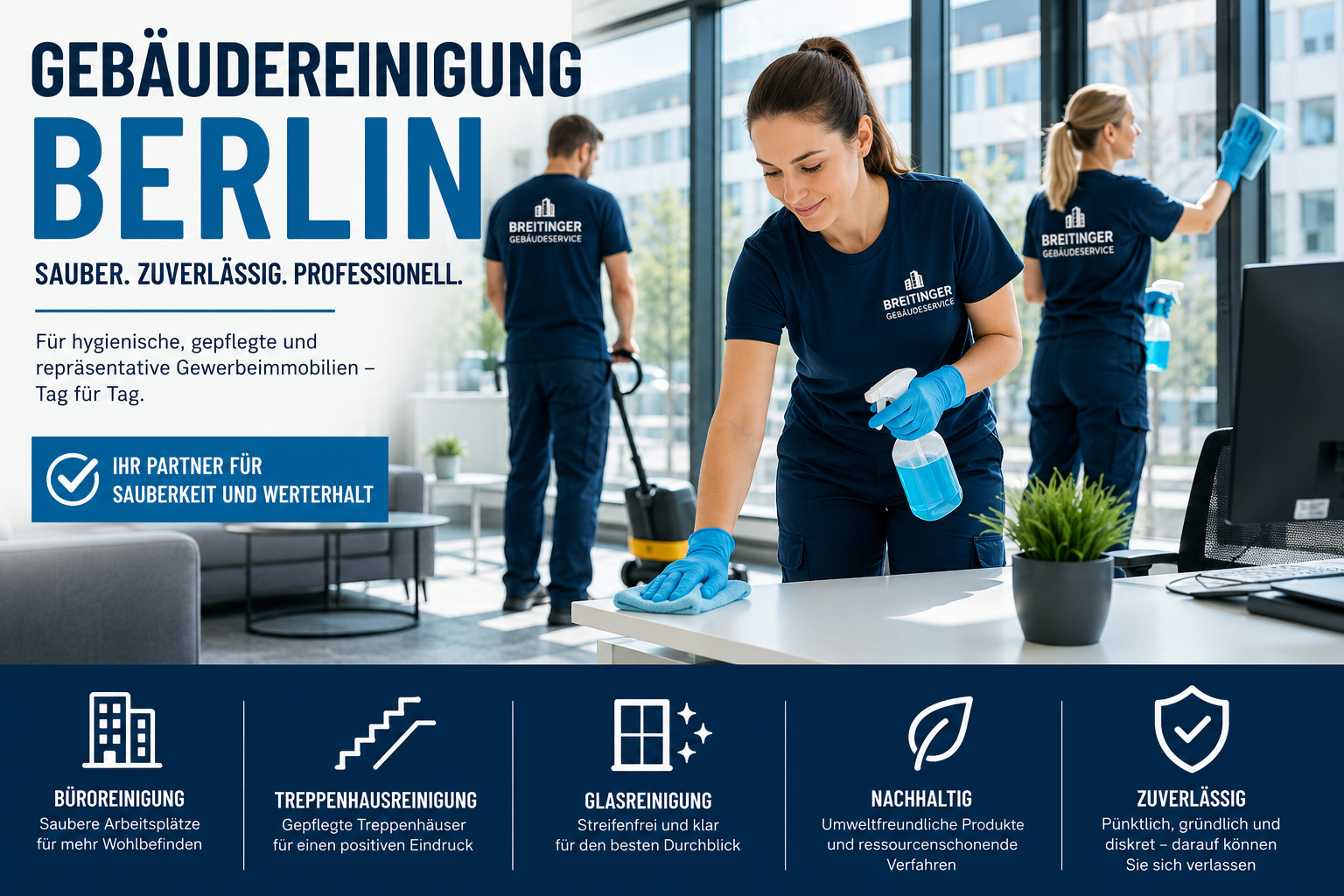 Professionelle Reinigungskraft reinigt moderne Büroflächen in Berlin