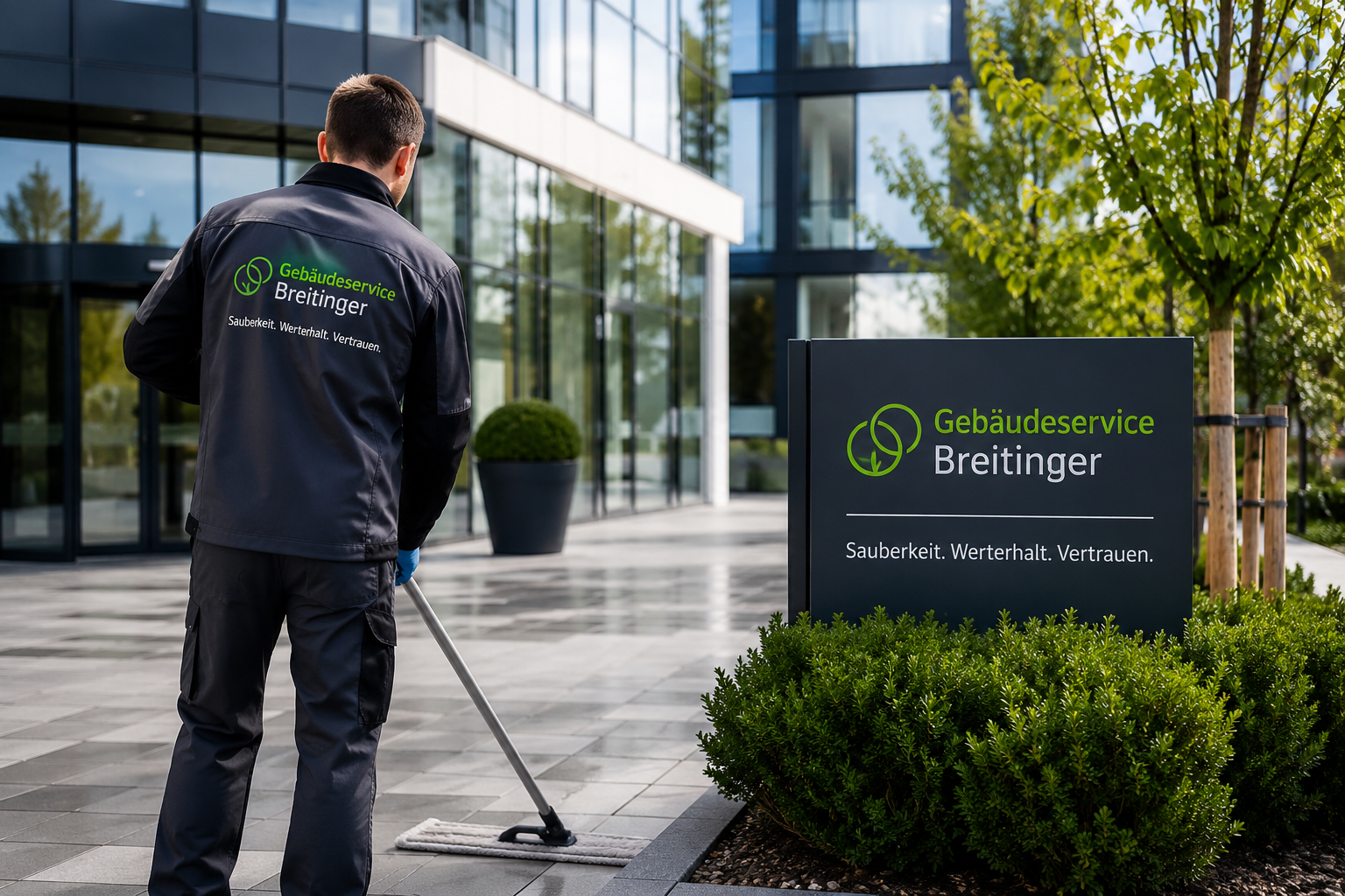 Professioneller Gebäudeservice Mitarbeiter bei der Reinigung eines modernen Bürogebäudes in Berlin