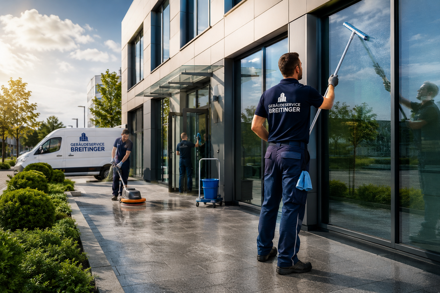 Professioneller Gebäudeservice bei der Reinigung eines modernen Bürogebäudes in Berlin.