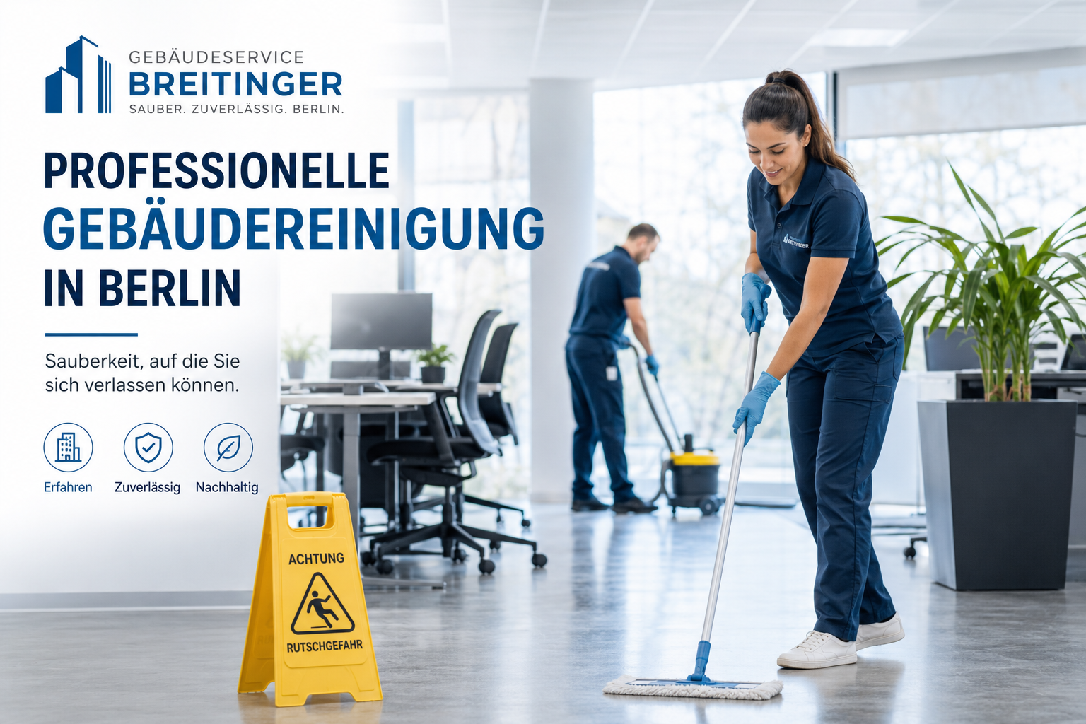 Reinigungskraft reinigt moderne B&uuml;rofl&auml;chen in Berlin