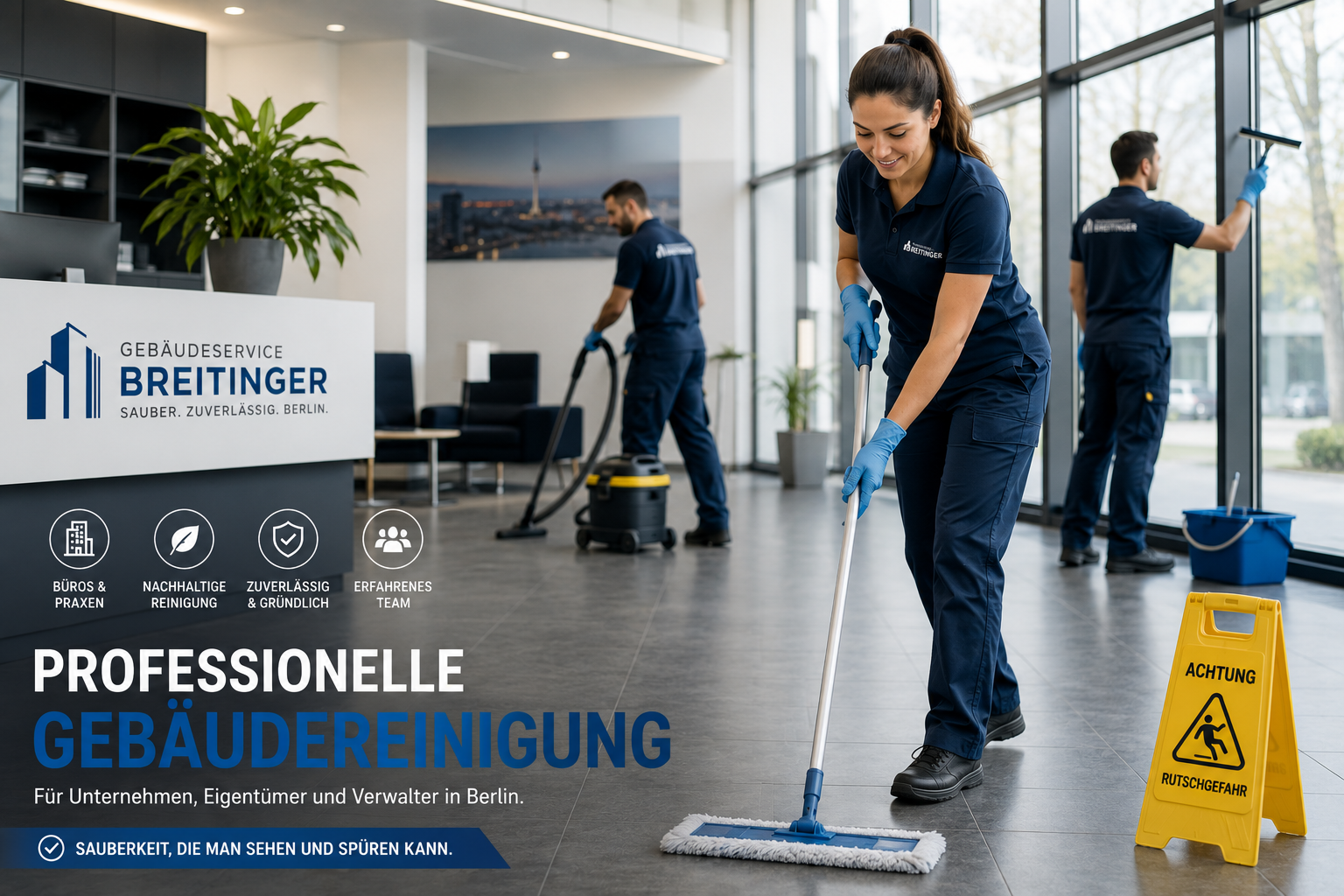Reinigungskraft reinigt eine moderne Bürofläche in Berlin mit professionellen Reinigungsgeräten.